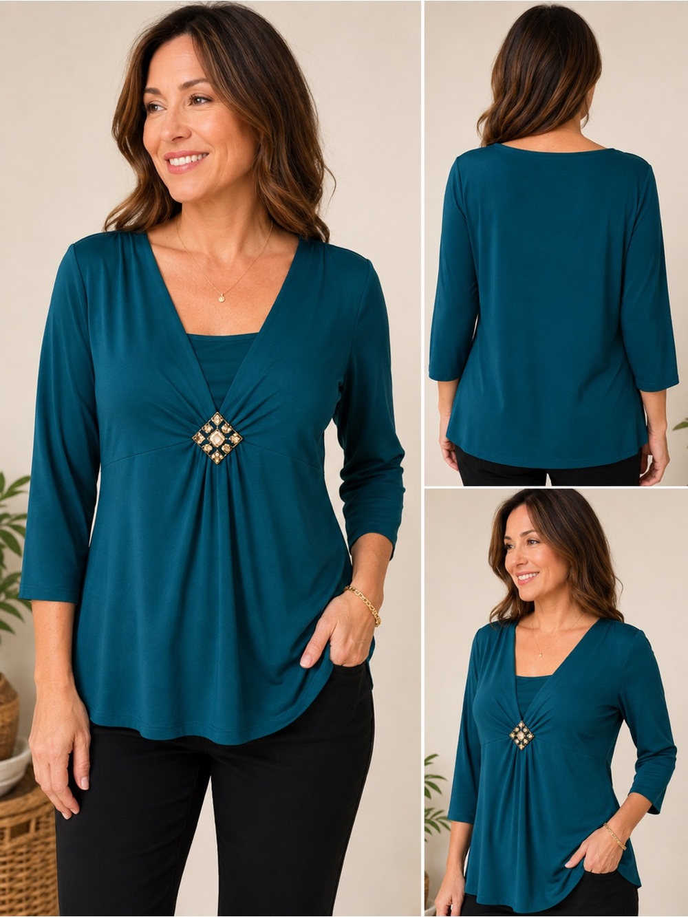 Teal Jewel-Accent V-Neck Blouse - Women